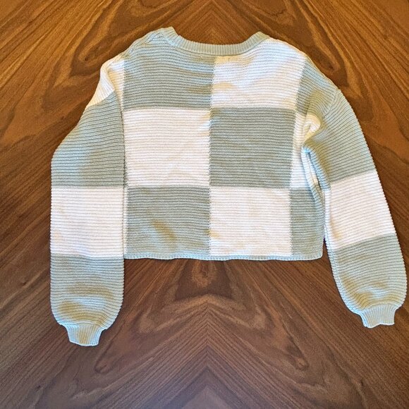 Girls Teal and White Oversize Check Cropped Sweater - Picture 2 of 5